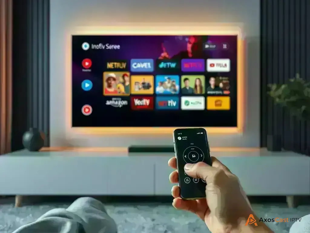Android TV remote control and smartphone controlling TV screen