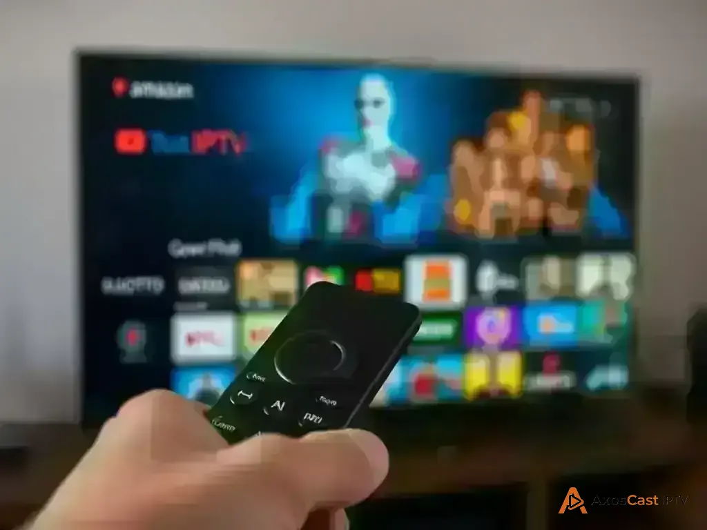 Amazon Fire TV remote control pointing to IPTV app interface